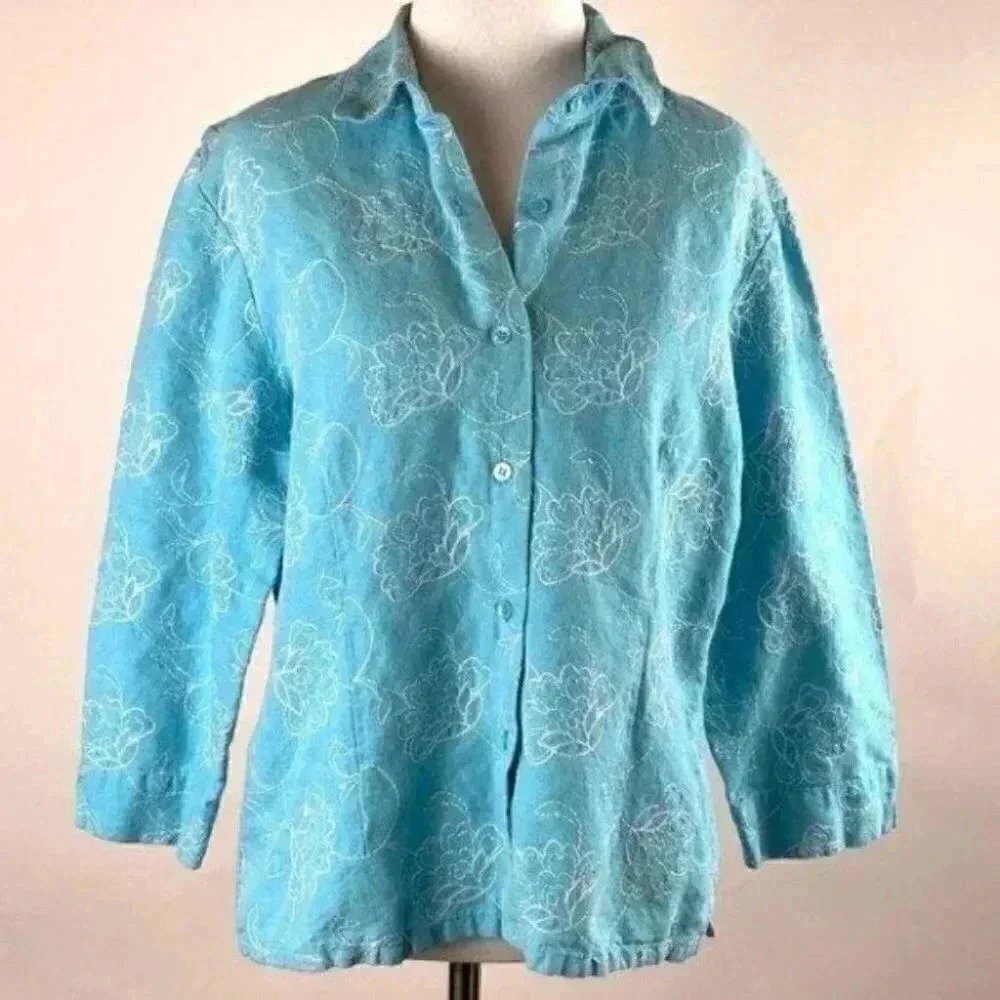 Talbots top sz medium floral embroidered 56% linen